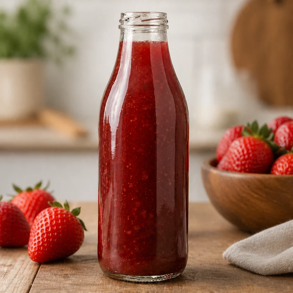 Garrafa de vidro de 1000 ml TO48 UNiTWIST cheia de sumo de morango na cozinha Exemplo de aplicação garrafa de batido vermelha
