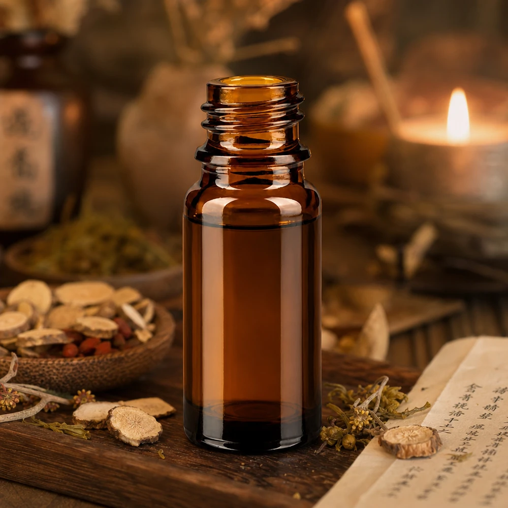Frasco de farmácia castanho ApoGlas de 10 ml com ervas medicinais asiáticas e luz de velas num ambiente tradicional de MTC