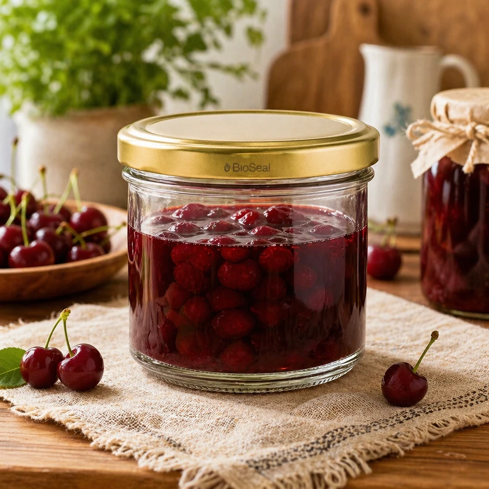 Copos UNiTWIST 125 ml com doce de cereja - tampa dourada TO66 BioSeal em cozinha rústica com cerejas frescas