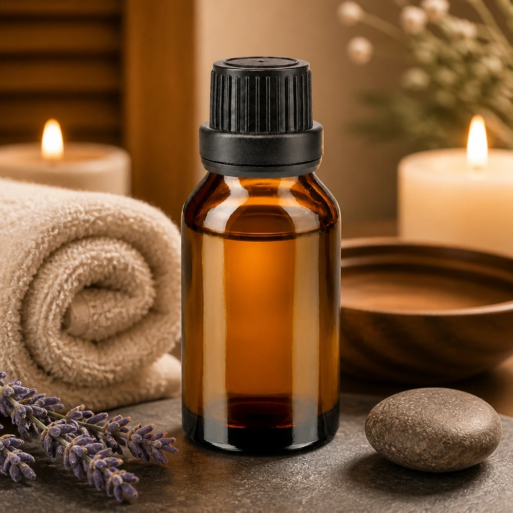 Garrafa de vidro castanha de 15 ml com tampa de segurança para crianças preta, ao lado de ramos de lavanda e velas