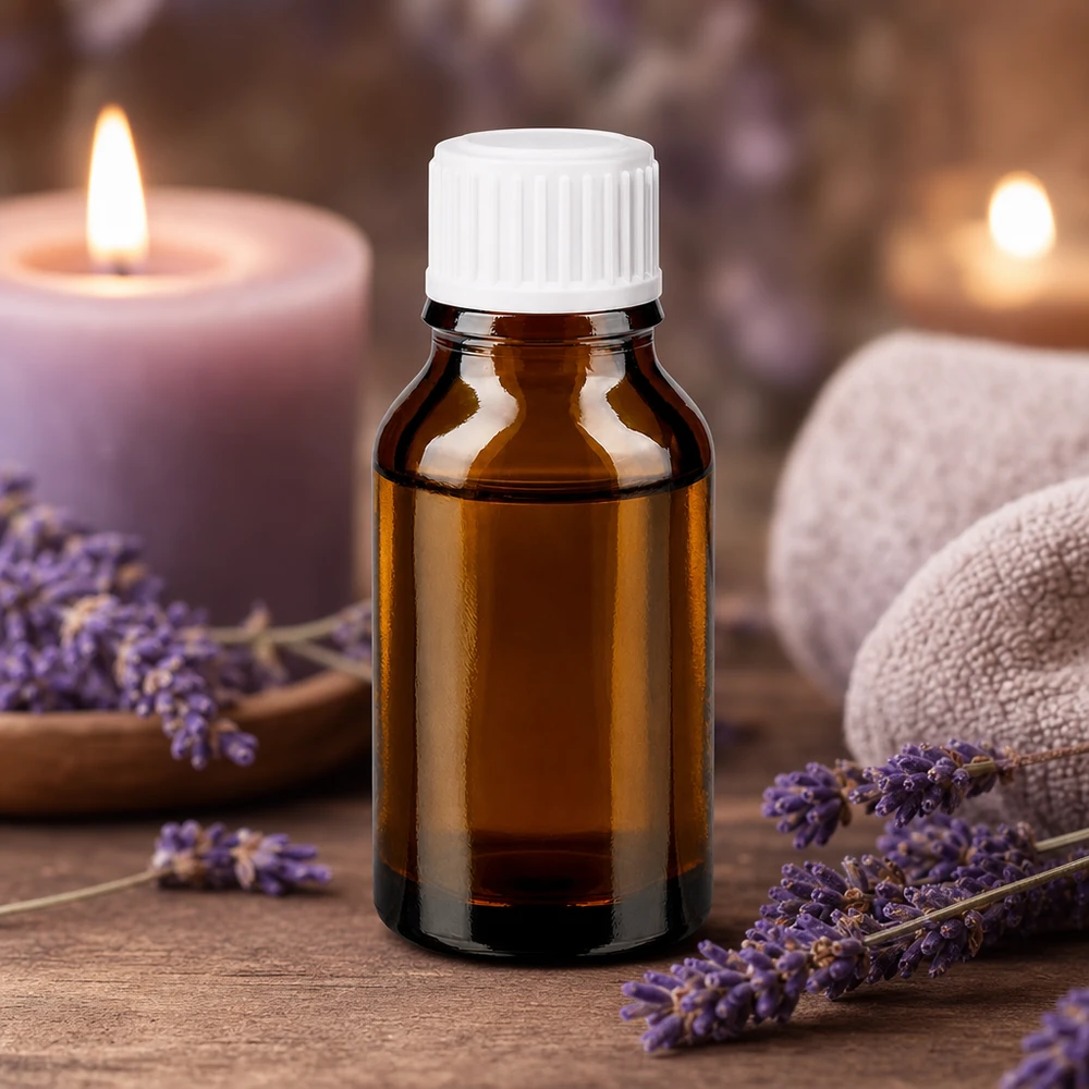 Frasco de farmácia de 30 ml em vidro castanho com tampa conta-gotas branca para óleo de lavanda e aromaterapia