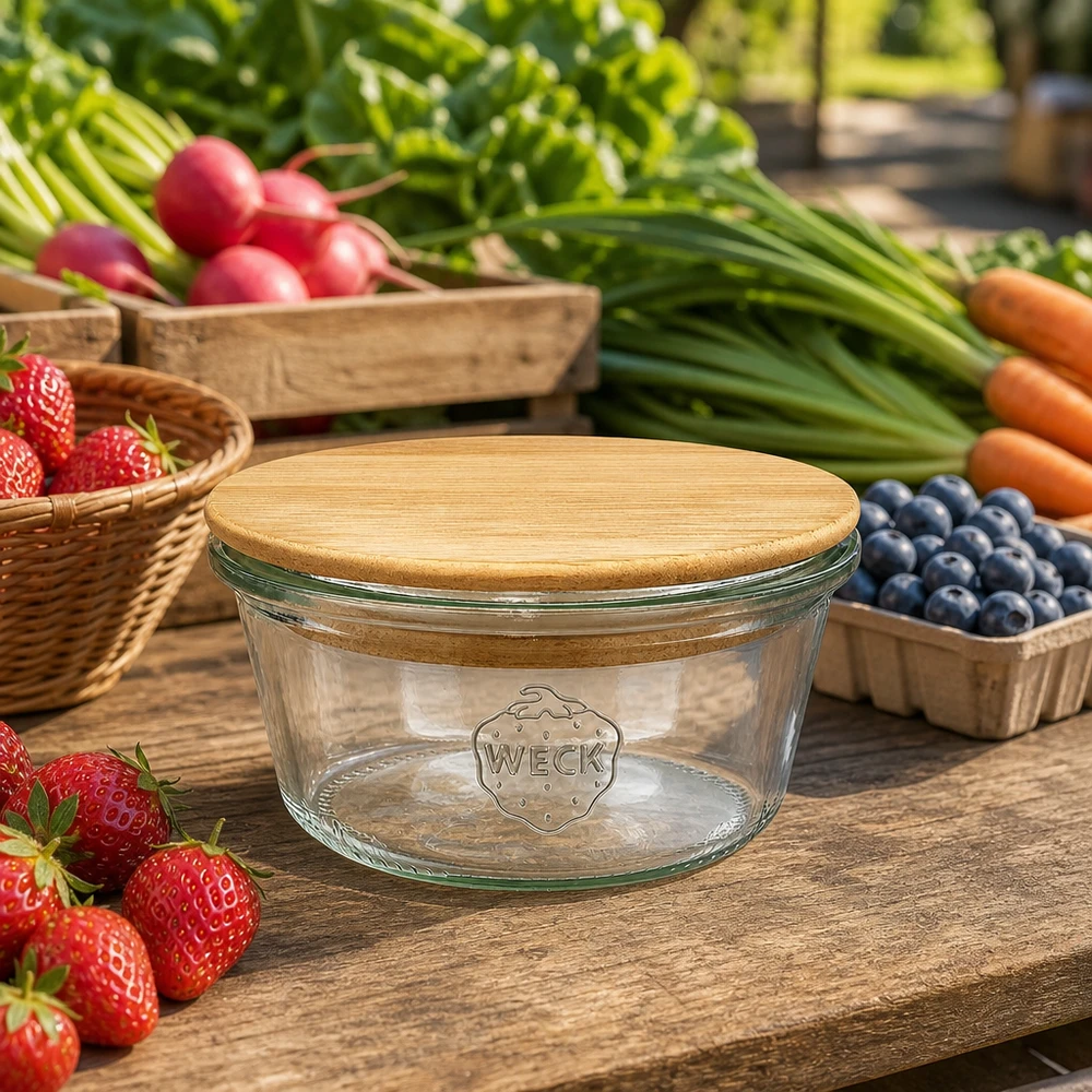 Copos WECK de 290 ml RR100 com tampa de madeira de bambu dispostos entre frutas e legumes frescos numa mesa de madeira rústica