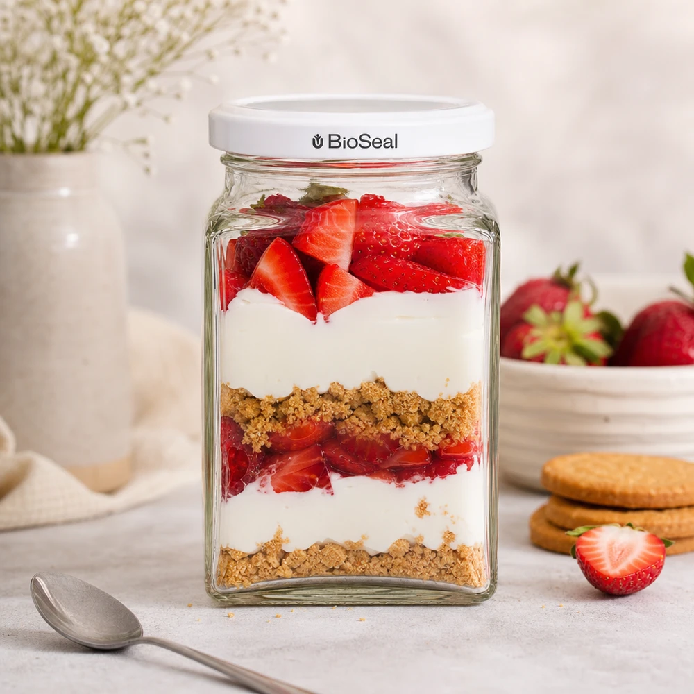 Frasco tetra de 260 ml + tampa BioSeal branca UNiTWIST UNiTWIST Tetra260 Dessertglas mit Erdbeeren Joghurt Kekskrümeln geschichtet weißer TO58 BioSeal Deckel Nachtisch