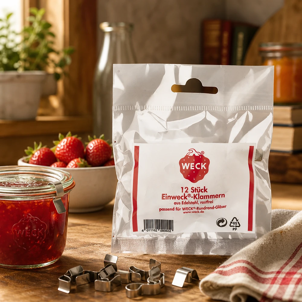 Pinças Original WECK (Pack(s) com 12 peças) Conjunto de clipes WECK Original 12 peças numa mesa de madeira com frasco de conserva de morangos e compota de cozinha