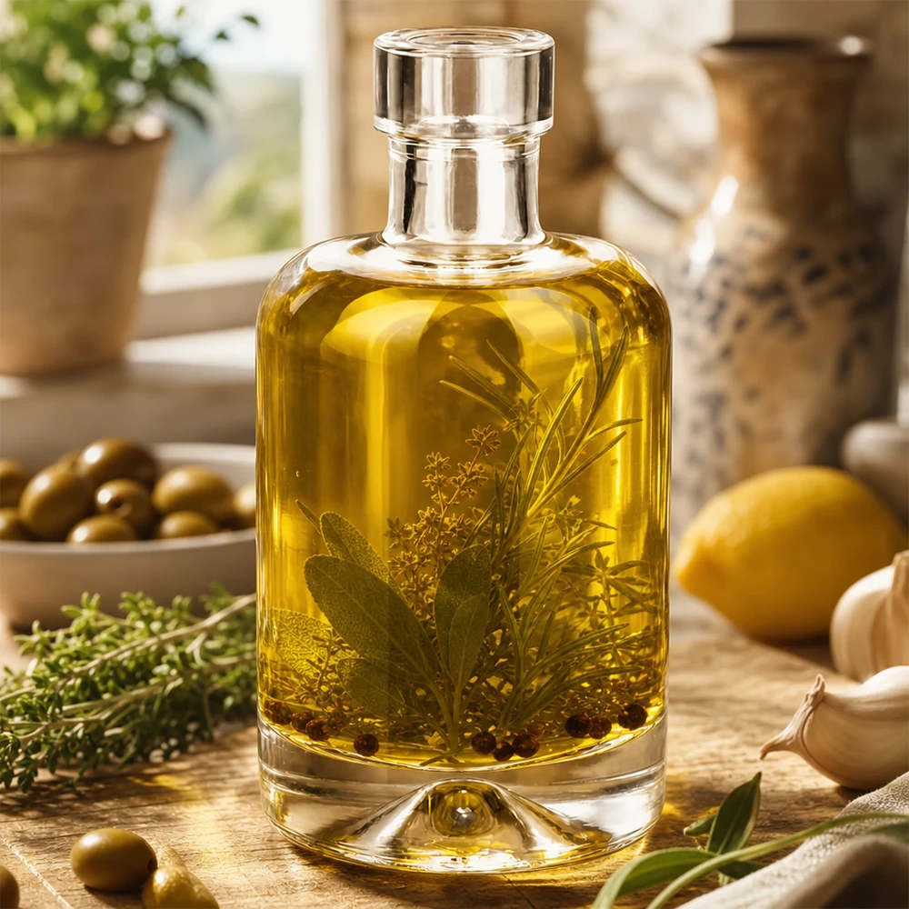 O frasco de vidro Amelie 50ml cheio de óleo de ervas mostra a aplicação de óleos de especiarias e vinagres na cozinha