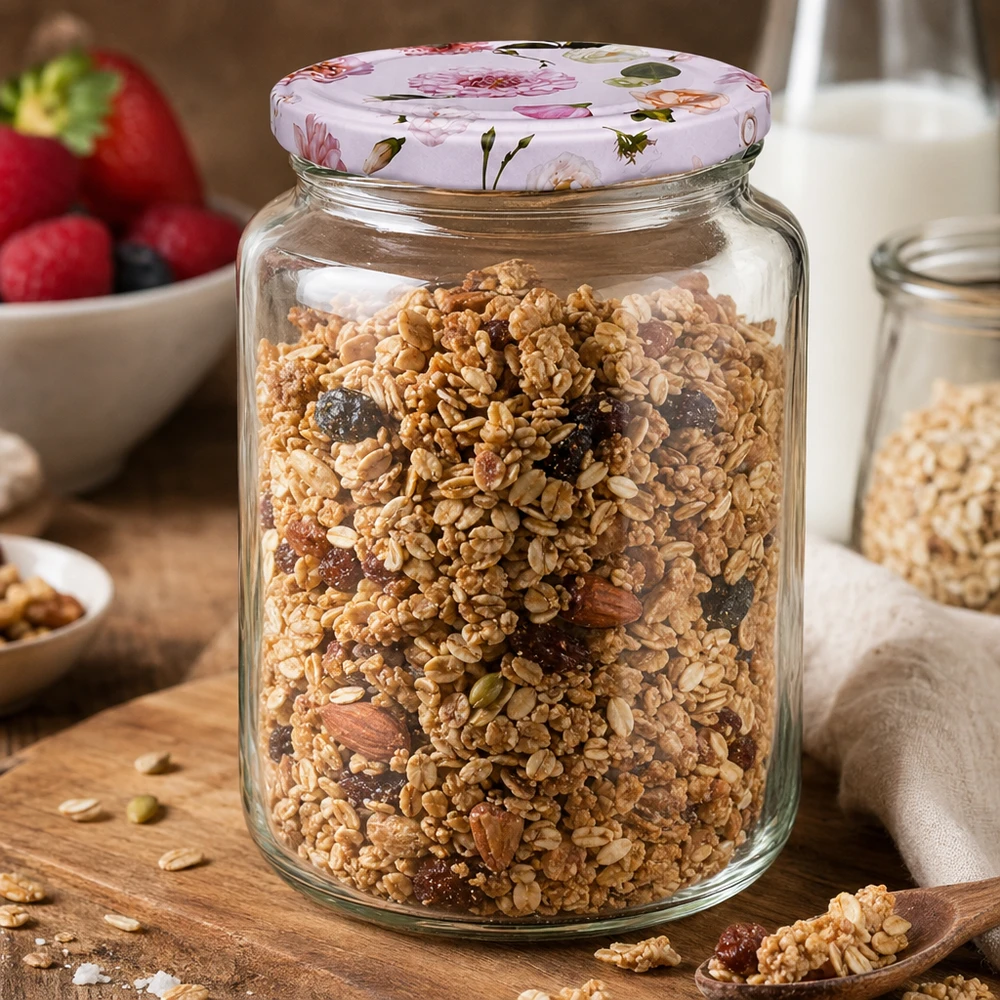 Boião redondo de 795 ml + tampa BasicSeal rosa flor UNiTWIST 795ml Rundglas mit Müsli Nüssen Trockenfrüchten BasicSeal Deckel rosa Blumen Frühstück Vorratsbehälter Küche