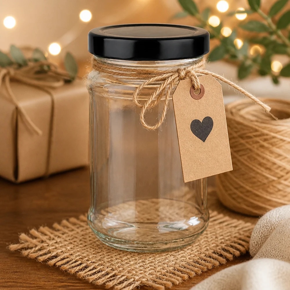 Frasco redondo de 390 ml com tampa UNiTWIST preta como ideia de presente com pendente em forma de coração numa decoração de Natal acolhedora