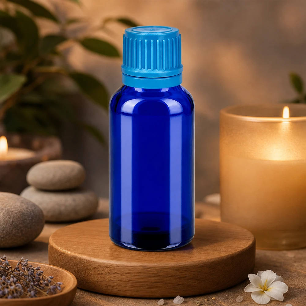 Pequeno frasco boticário de 30 ml em vidro azul, ideal para cosméticos DIY e produtos naturais