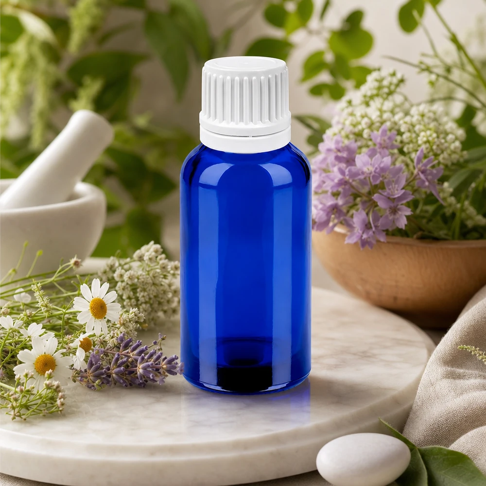 Frasco conta-gotas de 30 ml com tampa inviolável branca de 0,7 mm BlueLine UT18/30 Frasco farmacêutico pequeno de 30 ml em azul com conta-gotas de 0,7 mm para remédios naturais