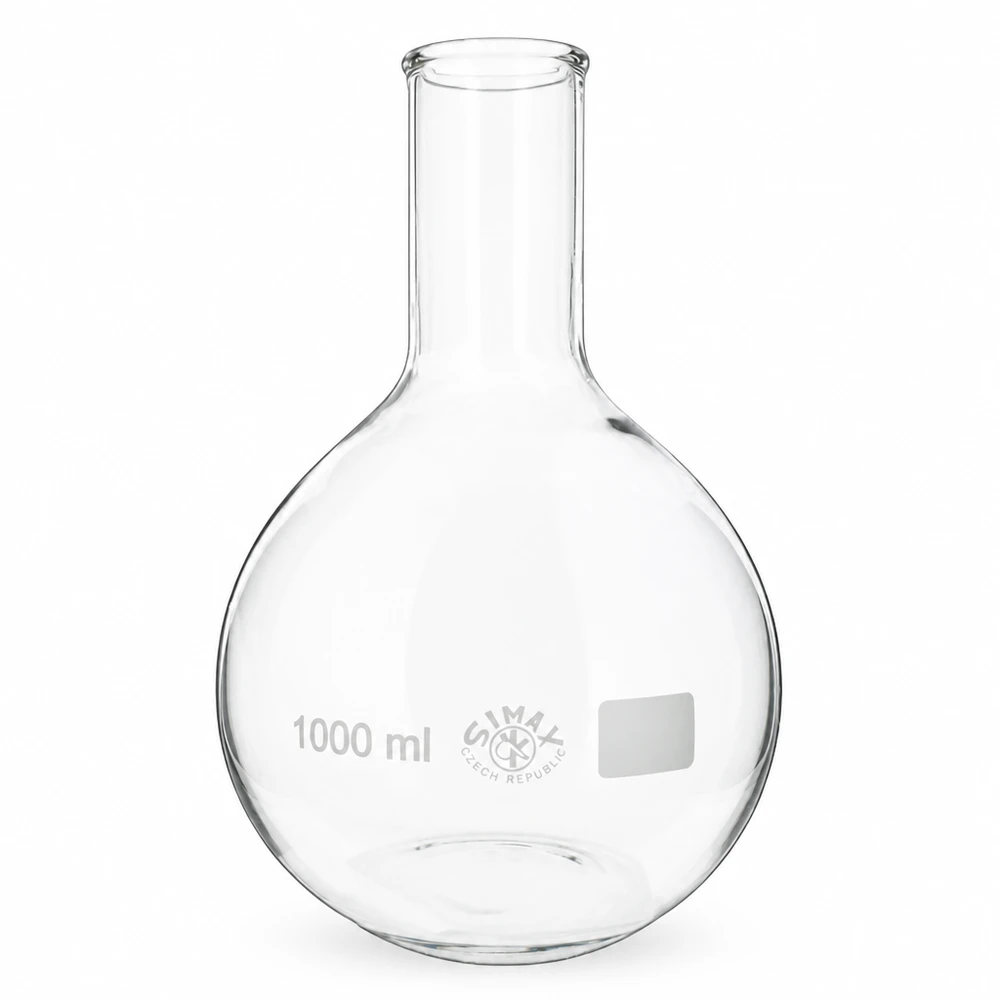 Balão de pé de 1000 ml com gargalo estreito em vidro borossilicato transparente para aplicações laboratoriais