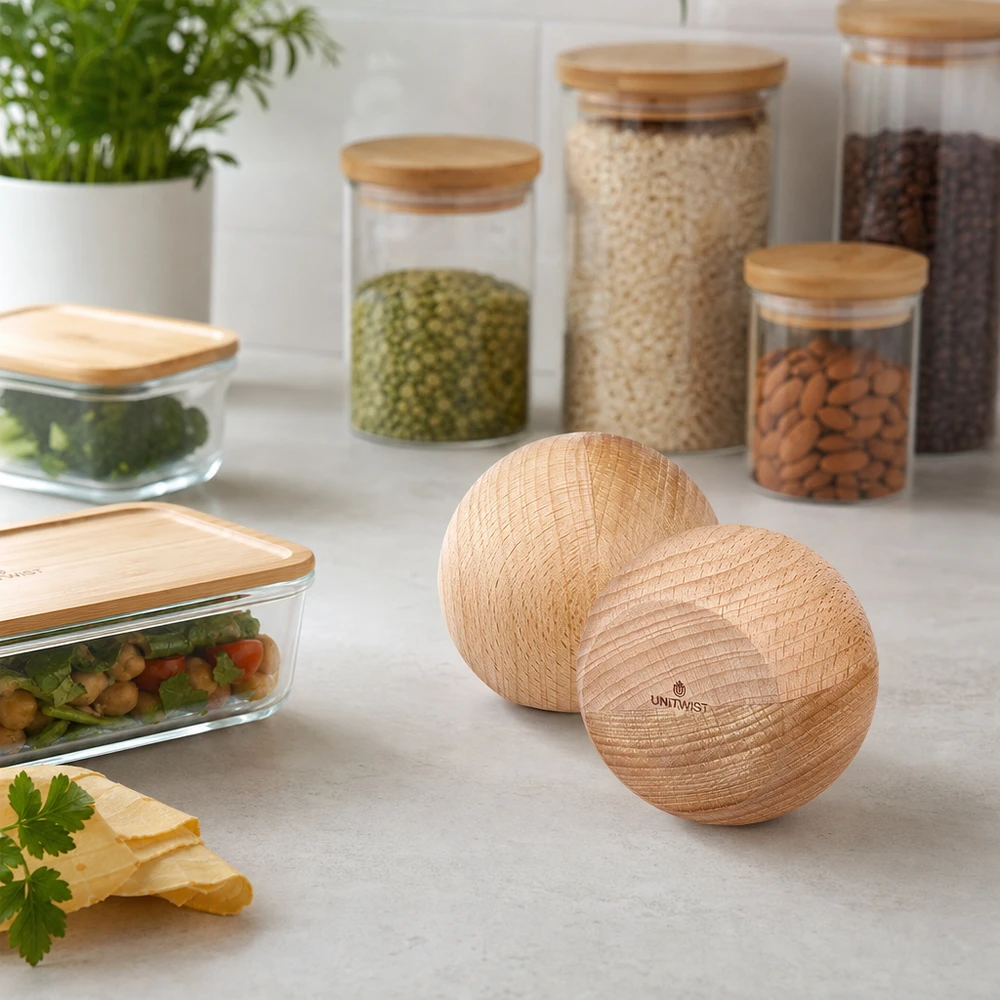 Bola de madeira UNiTWIST (faia) para WECK RR80 UNiTWIST Holzkugeln aus Buche im Küchenambiente - nachhaltige Aufbewahrung mit WECK Gläsern und Vorratsdosen