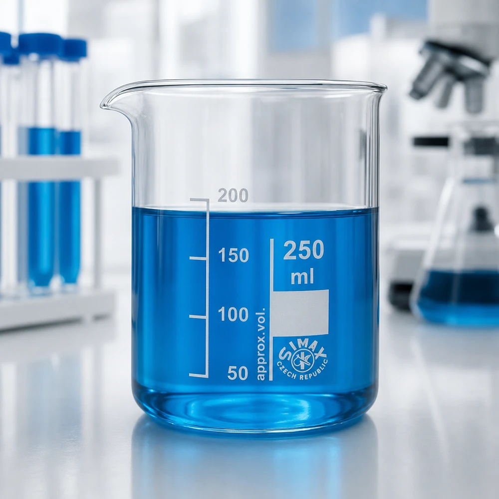 Copo 250ml de vidro borossilicato, forma baixa Copo de vidro borossilicato de 250 ml com líquido azul e marcações de volume claramente visíveis