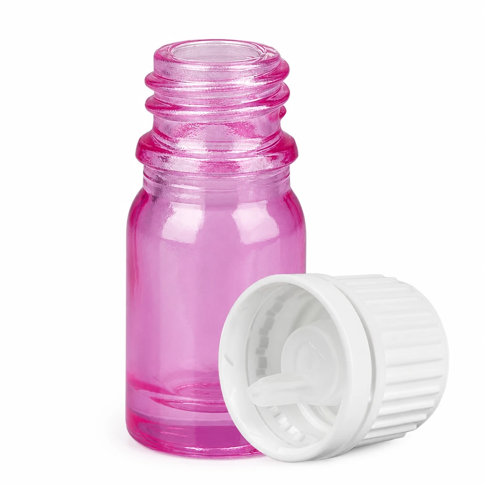 Frasco conta-gotas de 5 ml em vidro com abertura de 0,7 mm para uma aplicação precisa com um aspeto púrpura