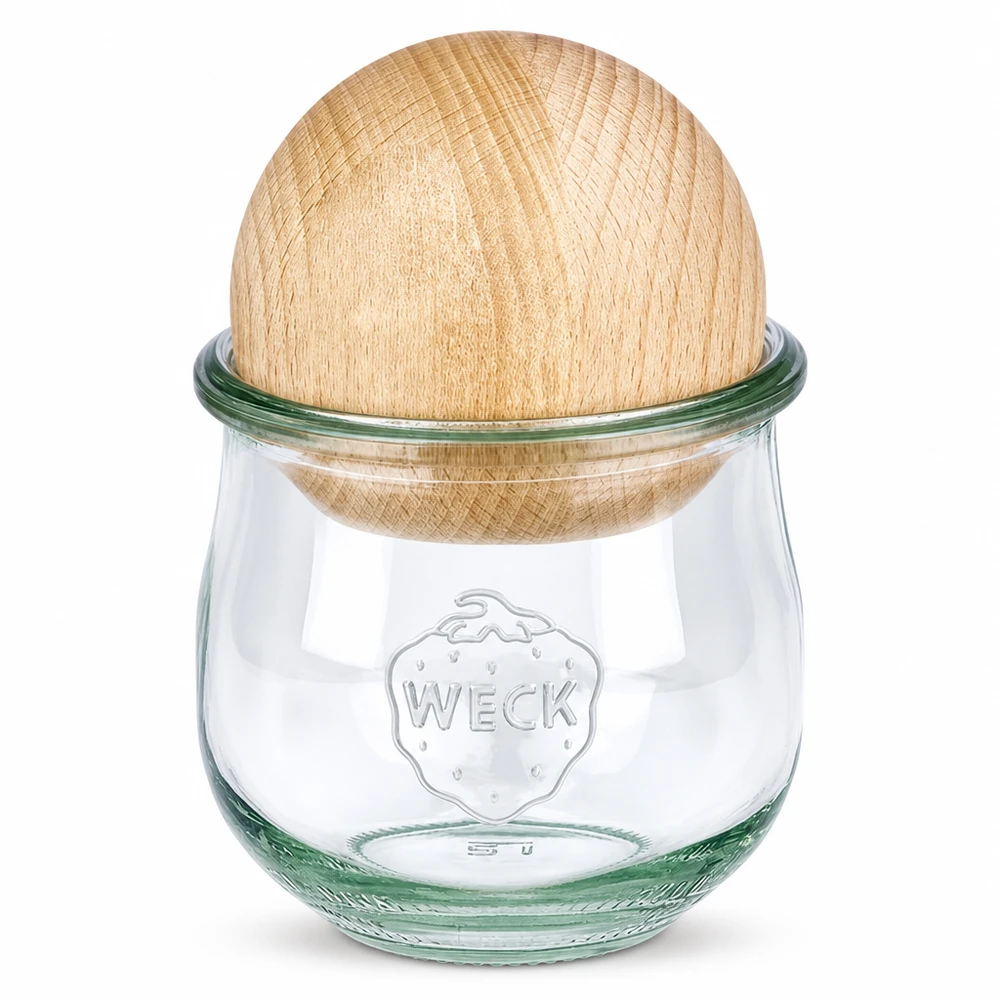 370ml Tulpenglas WECK RR80 mit Holzkugel Buche Frasco de tulipas WECK RR80 370ml com tampa esférica de madeira de faia, frasco de conserva com tampa de madeira de faia, armazenamento sustentável