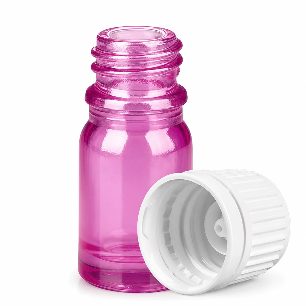 Frasco de 5 ml com tampa de rosca de 11 mm branco Originalidade tampa de rosca PurpleLine UT18/5 Frasco pequeno de vidro violeta 5ml com tampa branca aberta para aromaterapia e cosmética