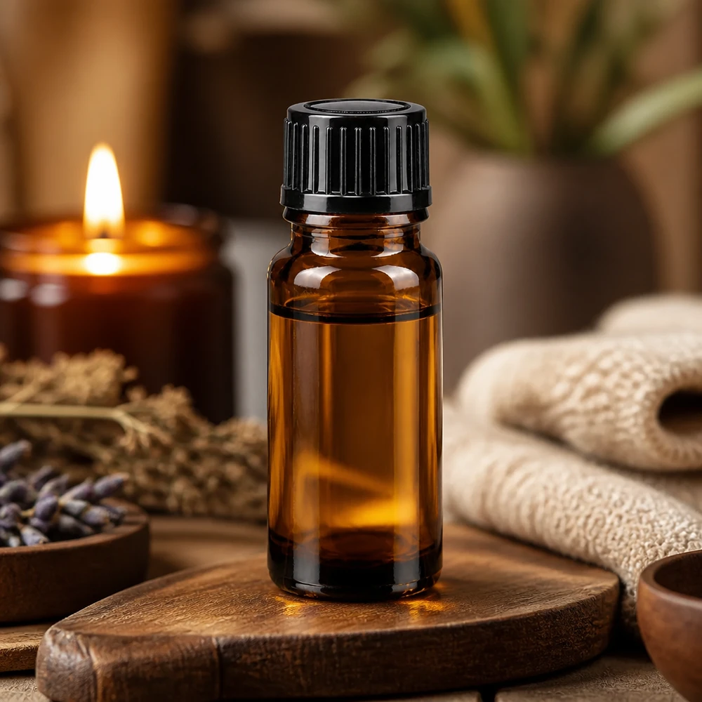 Frasco de óleo essencial de 10 ml em vidro castanho com tampa de segurança infantil preta, sobre uma tábua de madeira