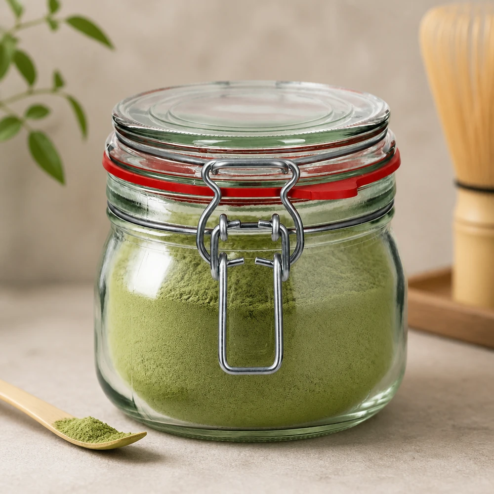 Frasco com tampa basculante de 634 ml cheio de pó de matcha verde para uma frescura óptima