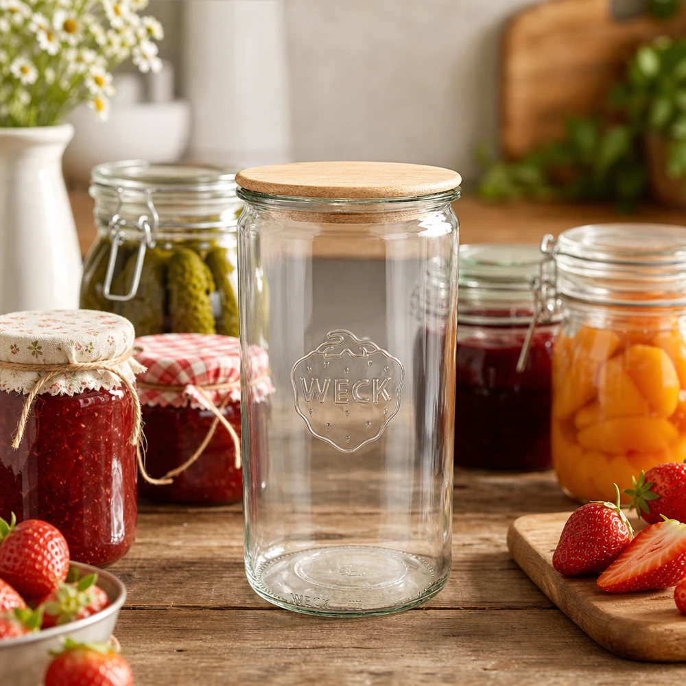 Frasco cilíndrico de 1590ml WECK RR100 com tampa de madeira Frasco de conserva WECK 1590ml RR100 em cena de cozinha com compota de marmelada e morangos frescos sobre mesa de madeira