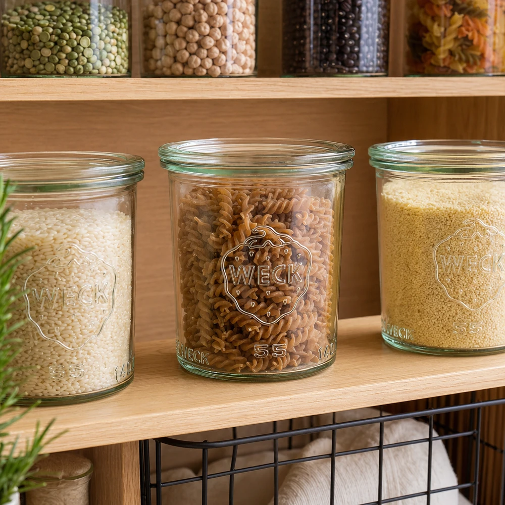WECK Frasco de vidro cónico de 140 ml com tampa de vidro RR60 | Qualidade Premium WECK Gläser 140ml RR60 gefüllt mit Reis Nudeln Couscous in Vorratsregal Pantry Organisation Küchenschrank