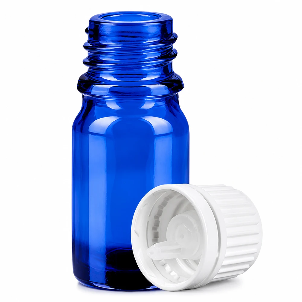 Frasco de vidro azul de 5 ml com conta-gotas de 0,7 mm para óleos essenciais e tinturas