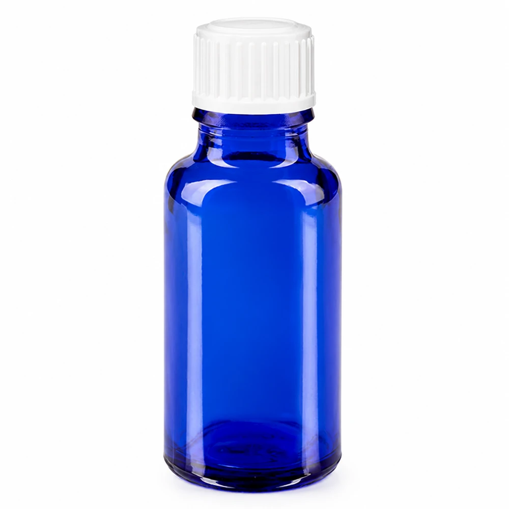 Frasco de vidro azul de farmácia com 20 ml e tampa de rosca branca de 11 mm