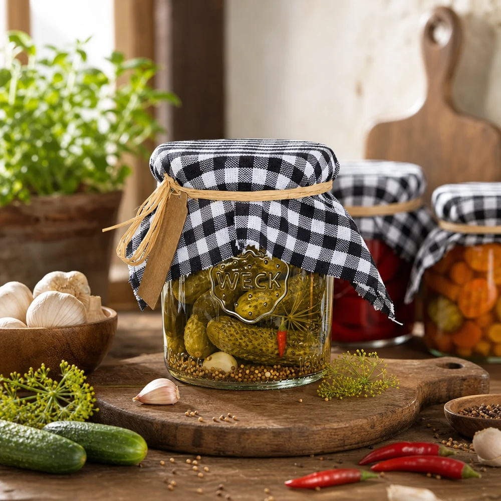 Guardanapo decorativo de tecido com padrão xadrez preto, quadrado de 15 cm Guardanapos decorativos axadrezados em frascos com pickles e compota numa ideia de decoração de cozinha rústica 15 cm quadrados