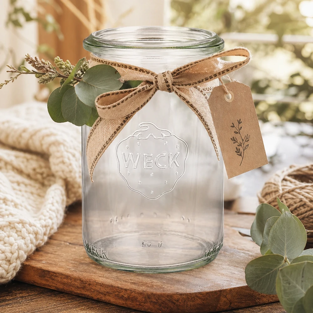 Frasco cilíndrico de 145ml WECK RR40 Frasco cilíndrico WECK 145ml RR40 com fita e pendente rústico decorado em tábua de madeira com eucalipto