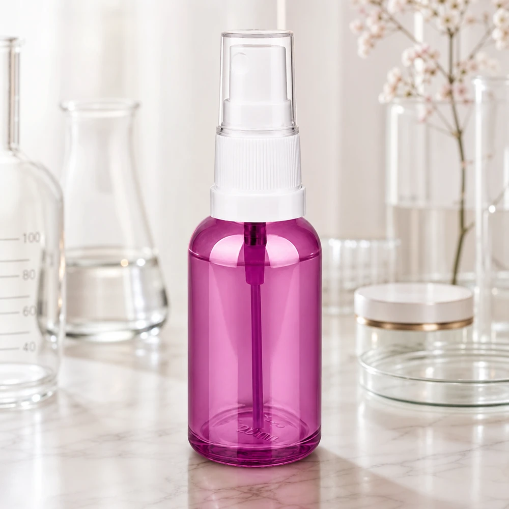 Frasco de spray de 30 ml branco/transparente Standard PurpleLine UT18/30 Frasco de spray roxo de 30 ml em vidro de alta qualidade com sistema prático de pulverização por bomba