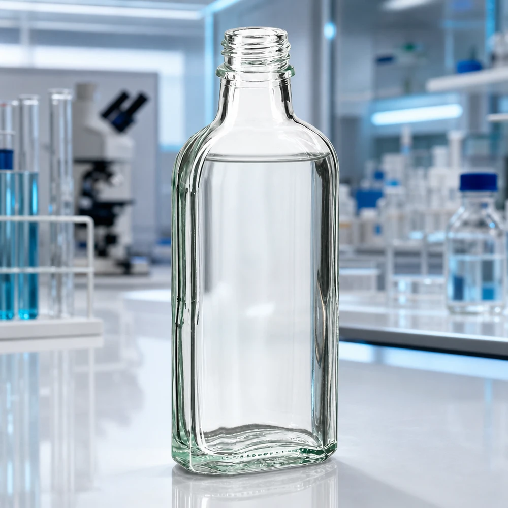 Frasco Meplat plano de 100 ml, de vidro transparente, com rosca DIN 22, para aplicações farmacêuticas