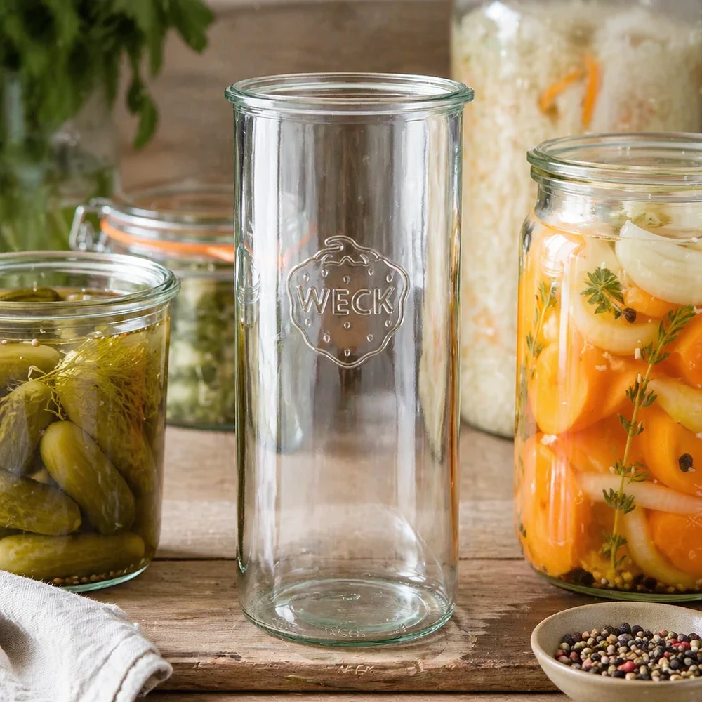 Frasco de vidro de 1500 ml WECK RR100 Frasco de vidro WECK RR100 de 1500 ml vazio ao lado de frascos cheios de legumes e especiarias numa mesa de madeira