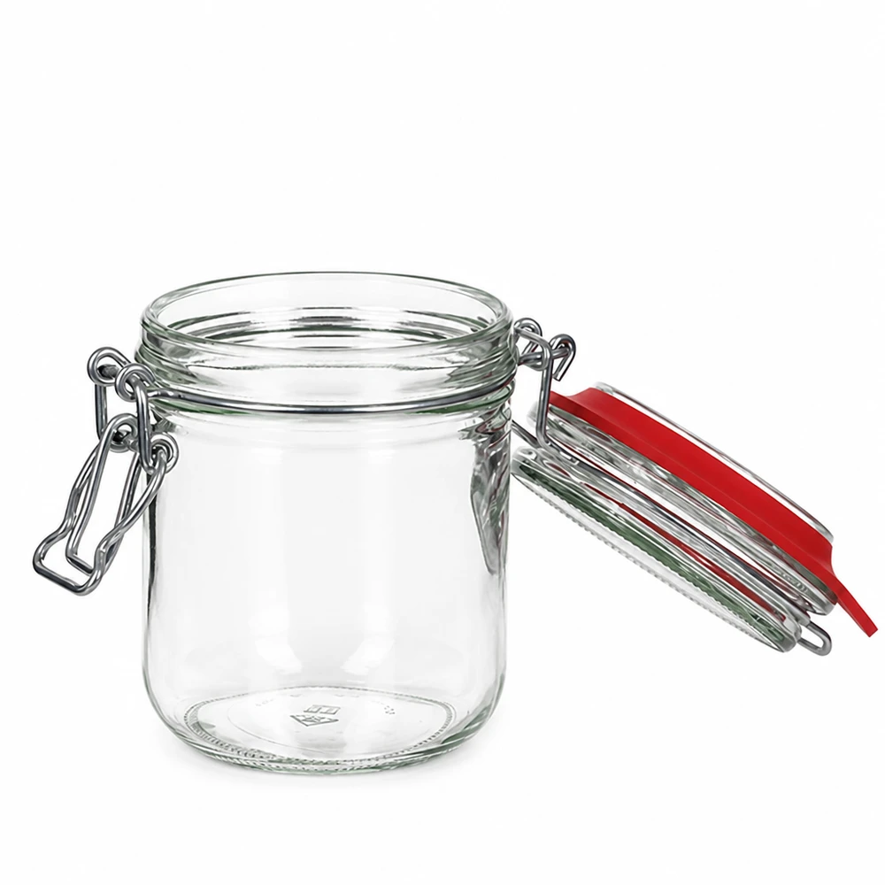 Frasco de vidro transparente de 400 ml com vedação de borracha vermelha e fecho de metal para armazenamento hermético