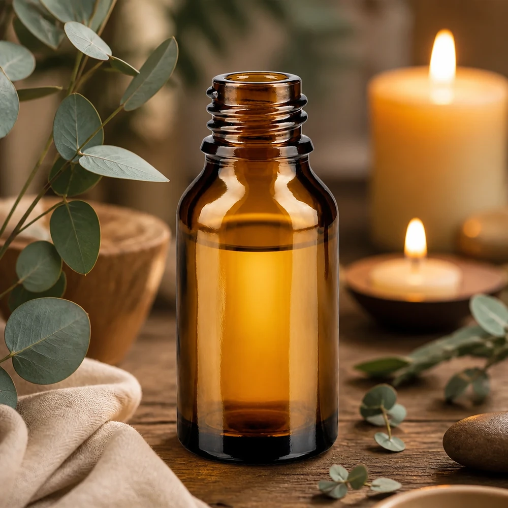 Frasco conta-gotas 15 ml DIN 18 de vidro âmbar Frasco de vidro castanho ApoGlas de 15 ml vazio sobre mesa de madeira com velas de eucalipto e toalha Ambiente de aromaterapia