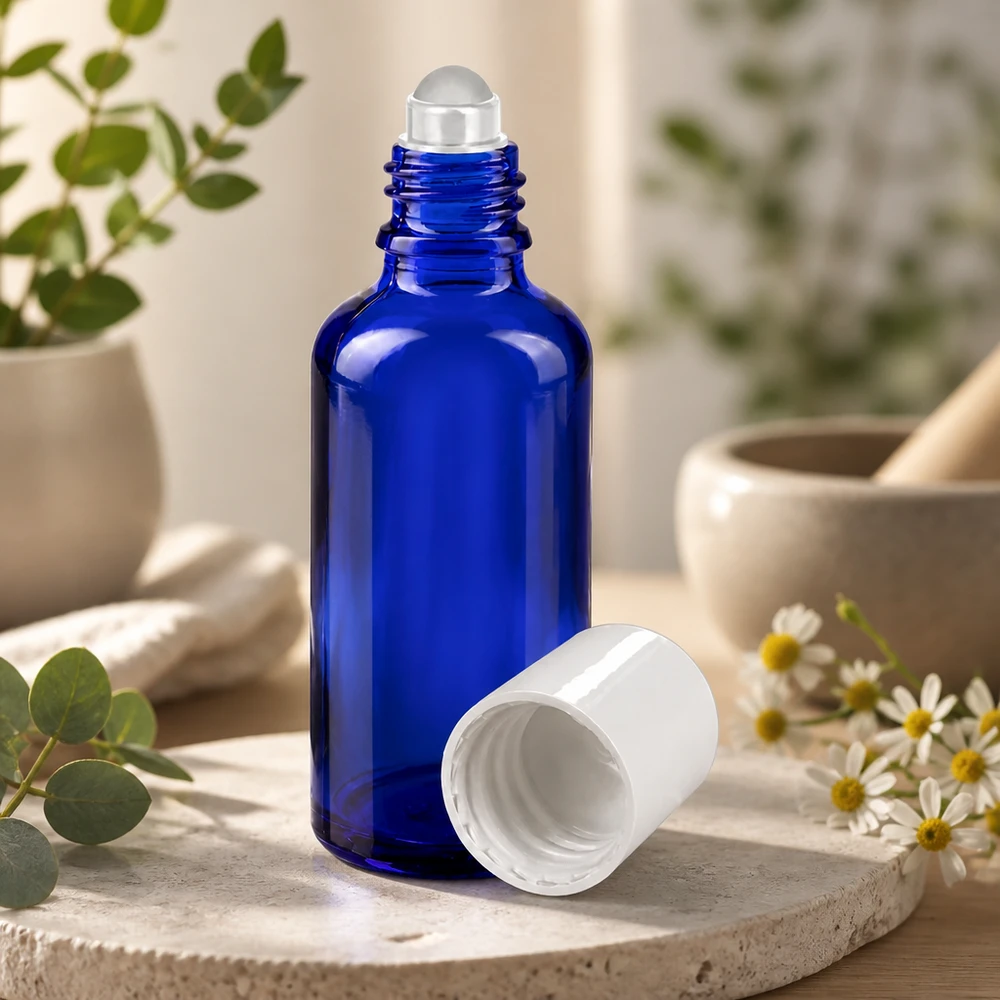 Frasco de farmácia azul 50ml tampa roll-on branca Frasco de vidro azul de 50 ml com aplicador de bola rolante e tampa branca, sobre uma pedra natural com decoração de ervas aromáticas