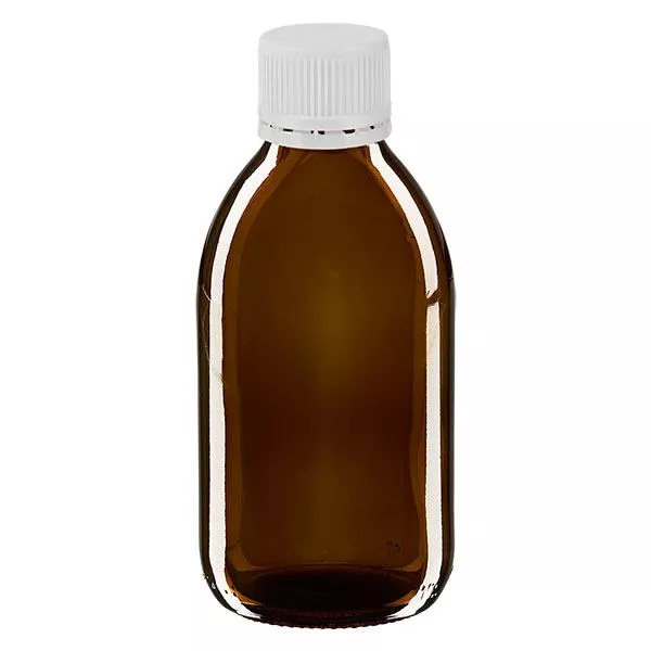 Frasco de medicamento de 250ml castanho, tampa branca com anel inviolável ApoGlas Frasco de medicamento de 250ml castanho, tampa branca com anel inviolável ApoGlas