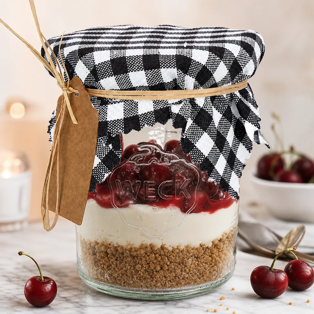 Pano para jóias em tecido preto axadrezado quadrado de 12 cm Pano de cozinha em tecido xadrez Vichy preto e branco num frasco de sobremesa com cerejas, tampa decorativa de frasco com 12 cm quadrados