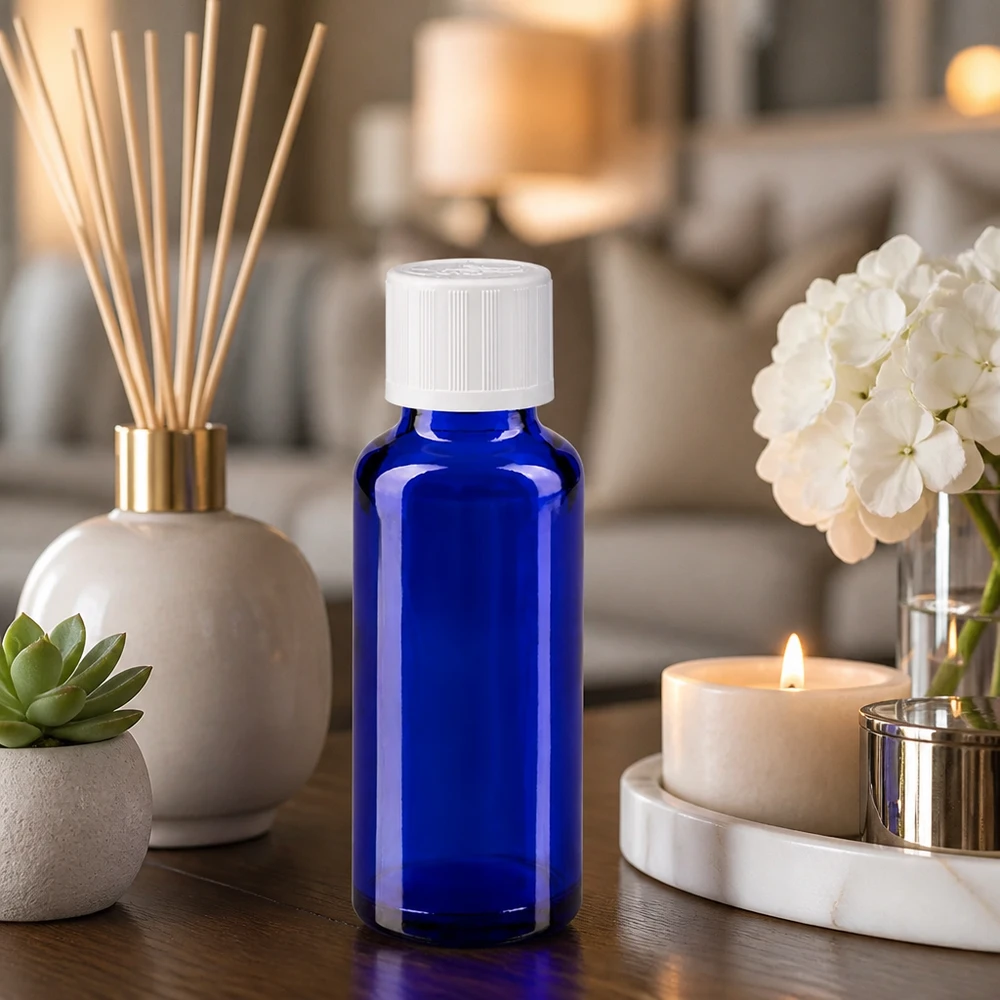 Frasco de vidro azul cobalto de 30 ml com tampa de segurança para crianças branca sobre uma mesa de madeira