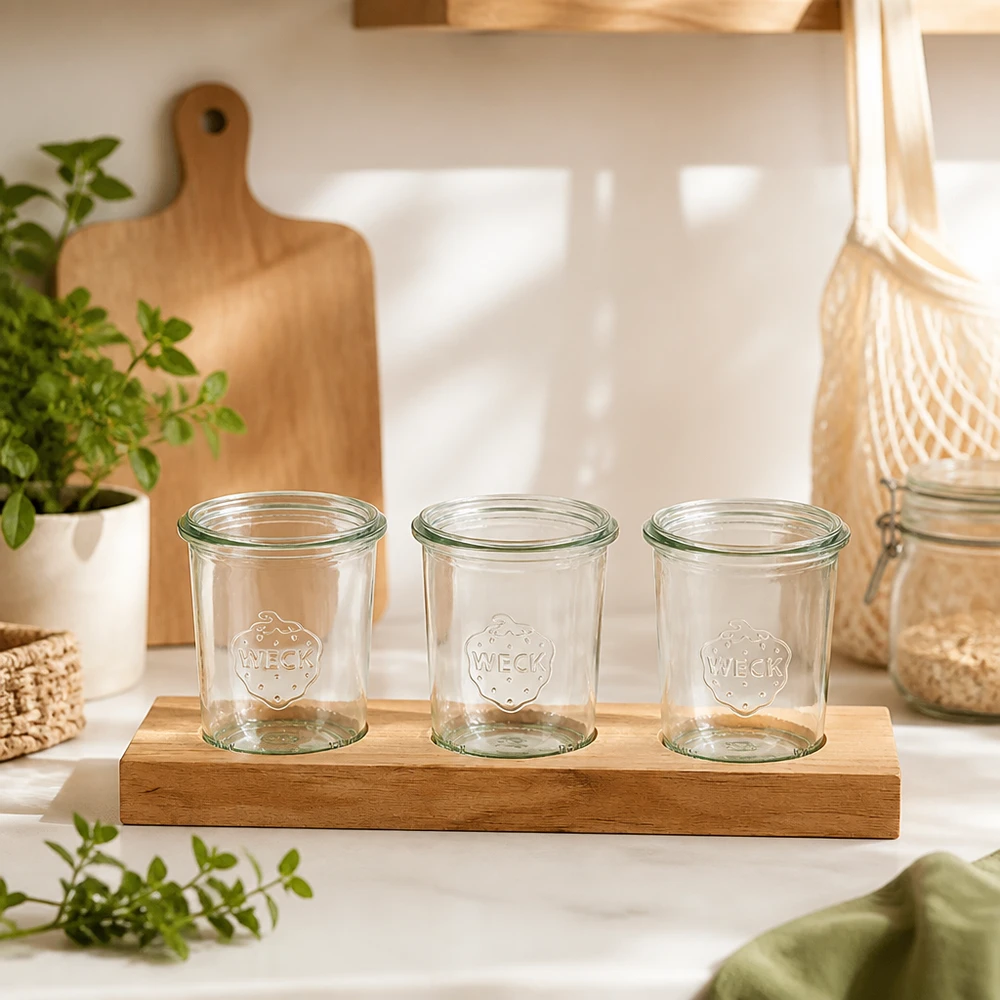 Três copos Weck de 160 ml vazios numa tábua de servir em bambu Plano3 numa decoração de cozinha escandinava com plantas