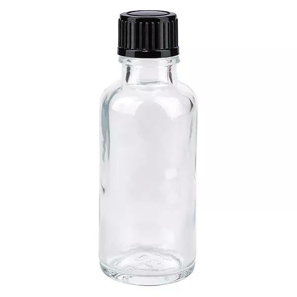 Frasco de farmácia transparente 30ml tampa conta-gotas 1mm preto standard Frasco de farmácia transparente 30ml tampa conta-gotas 1mm preto standard