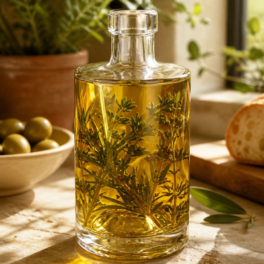 350ml Glasflasche "Marie" ohne Verschluss UNiTWIST Garrafa de vidro de 350 ml Marie cheia de óleo de ervas aromáticas ramos de alecrim aplicação decorativa exemplo cozinha Imagem 2 de 10