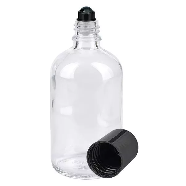 Frasco de farmácia transparente 100ml tampa roll-on preta