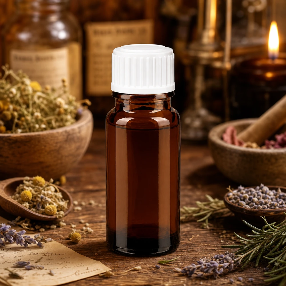 Frasco de farmácia castanho 10ml tampa de rosca branco standard Frasco de farmácia castanho de 10 ml com tampa branca padrão, sobre uma mesa de madeira com ervas aromáticas e alecrim