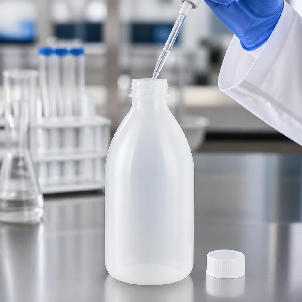 Schraubflasche 1000ml mit geöffnetem Deckel wird mit Laborflüssigkeit befüllt