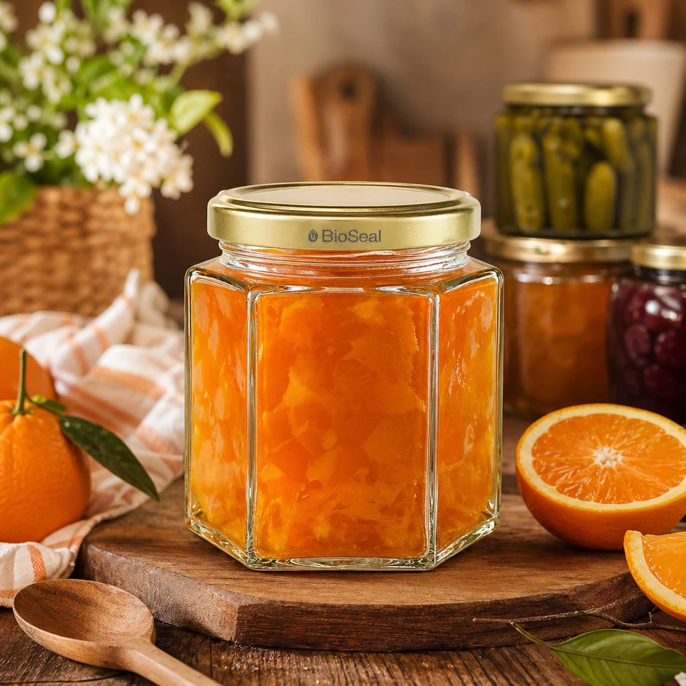 Frasco de mel BioSeal 520g hexagonal com marmelada de laranja numa tábua de madeira rodeada de laranjas frescas e decoração de cozinha