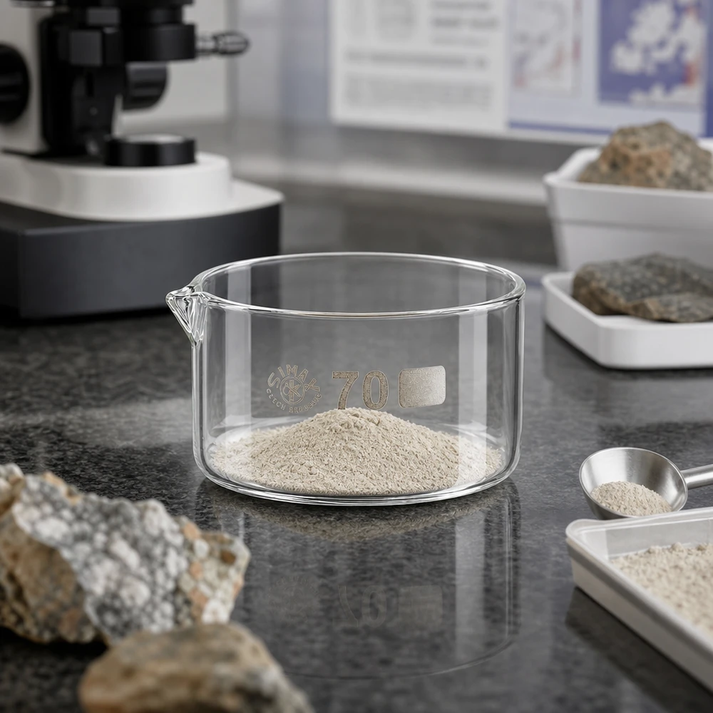 Baceta de cristalização de 100 ml com pó mineral fino sobre uma superfície de laboratório cinzenta, ao lado de amostras de rocha