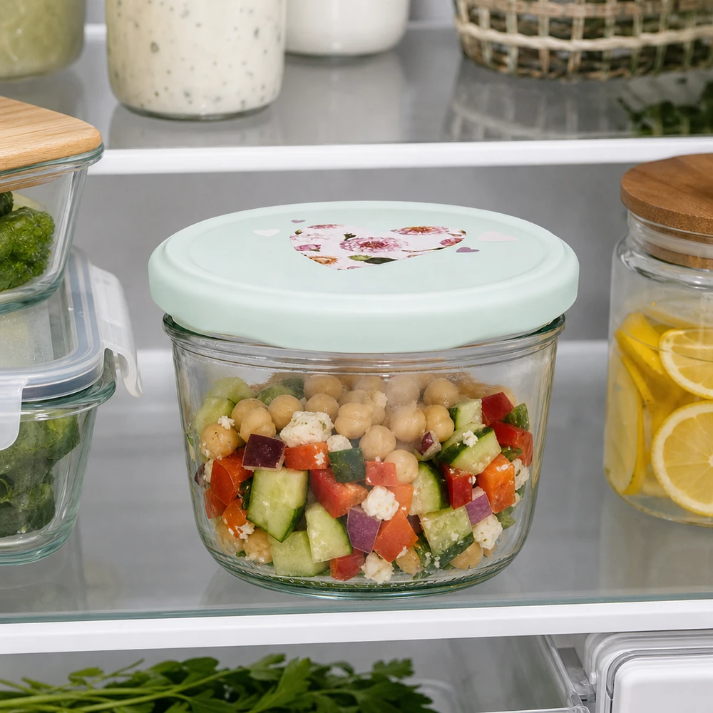 Copos de vidro de 230 ml + tampa BasicSeal coração menta UNiTWIST 230ml Sturzglas mit Herz-Deckel mint im Kühlschrank, Salat mit Kichererbsen frisch gelagert, praktische Meal-Prep