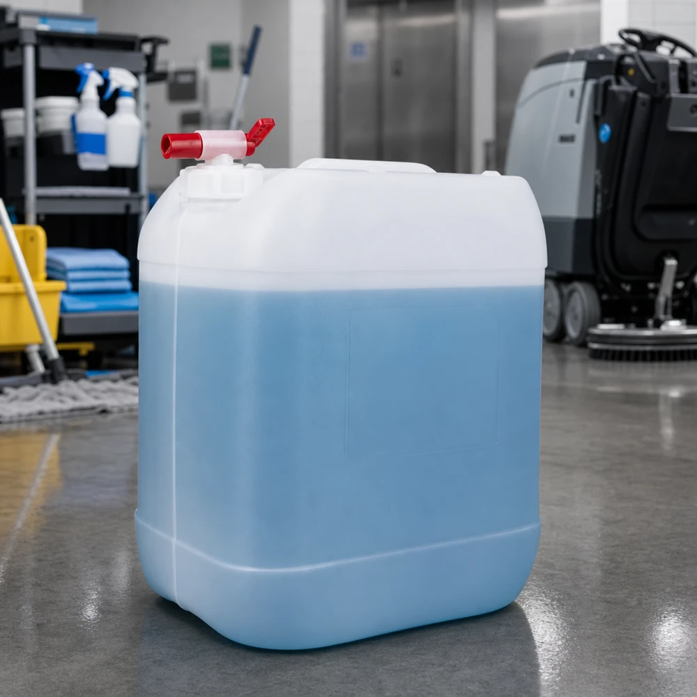 Bidão azul de 20 litros para produtos de limpeza, com torneira vermelha e base em resina epóxi