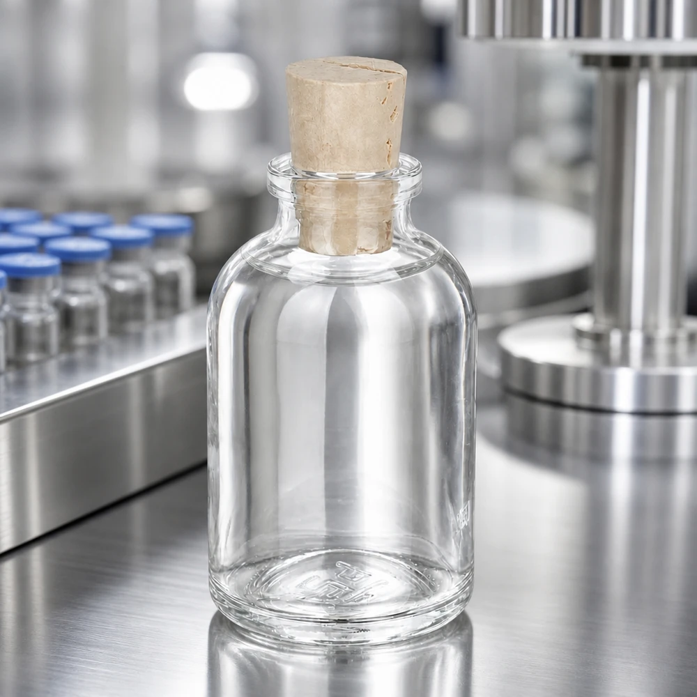 Frasco de vidro transparente 50ml com rolha 11/14mm Leere Glasflasche mit breitem Korkverschluss auf glänzender Edelstahlarbeitsplatte im Reinraum