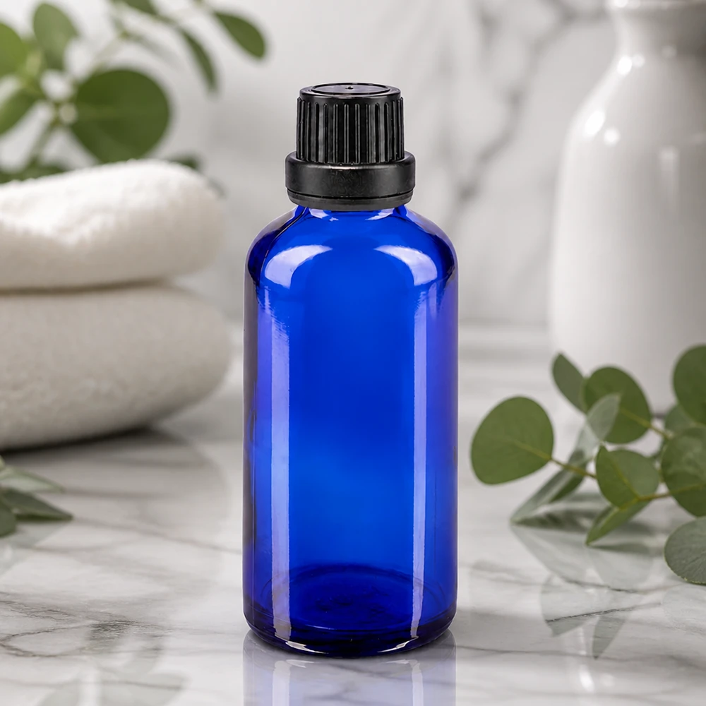Frasco de farmácia azul 50ml tampa de rosca preta fecho inviolável Frasco de vidro azul de 50 ml com tampa preta com segurança para crianças sobre mármore branco