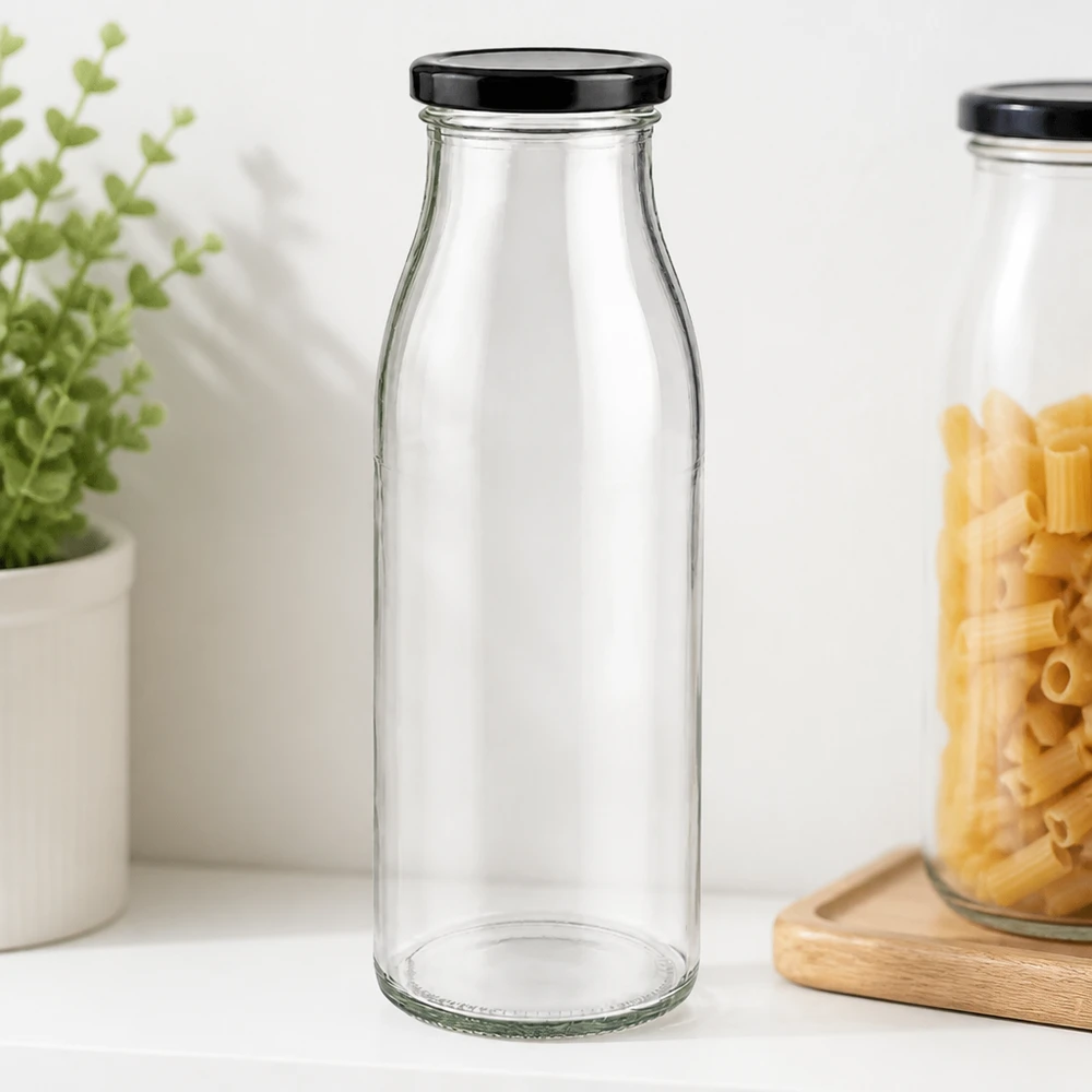 Frasco de vidro de 500 ml + tampa BasicSeal preta UNiTWIST Garrafa de vidro de 500 ml transparente vazia com tampa BasicSeal preta com design de cozinha elegante com massa e ervas aromáticas