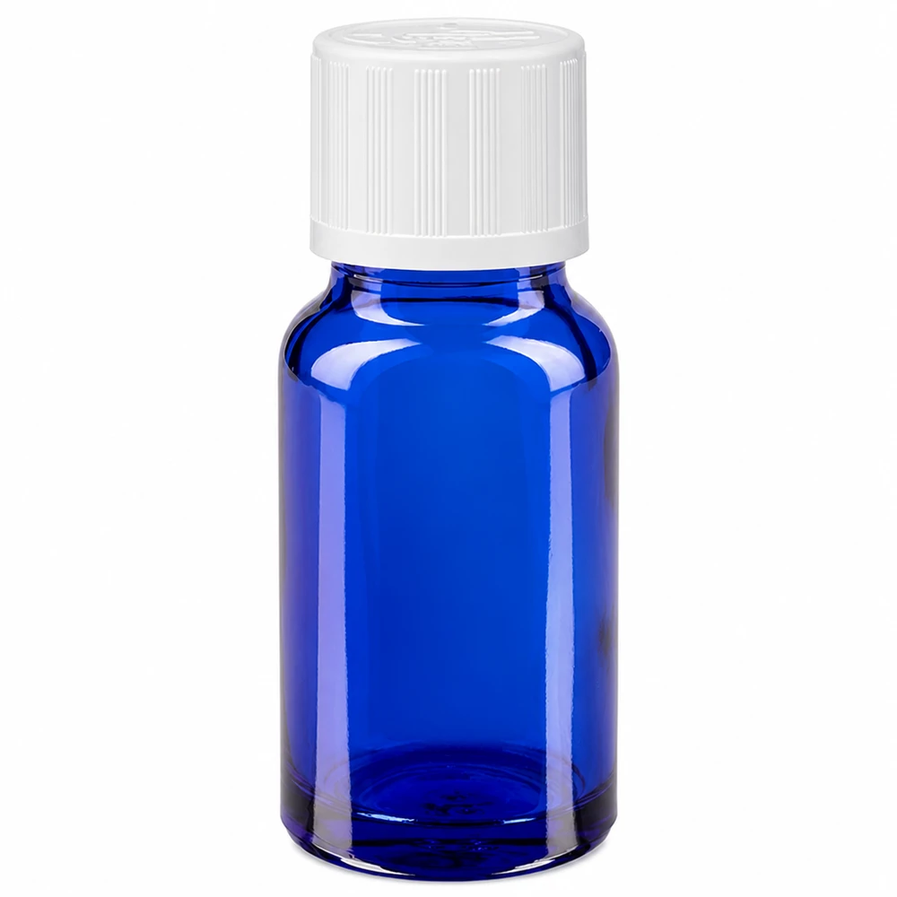 Frasco de vidro azul de farmácia com 10 ml, com tampa de segurança para crianças branca e conta-gotas de 1,2 mm